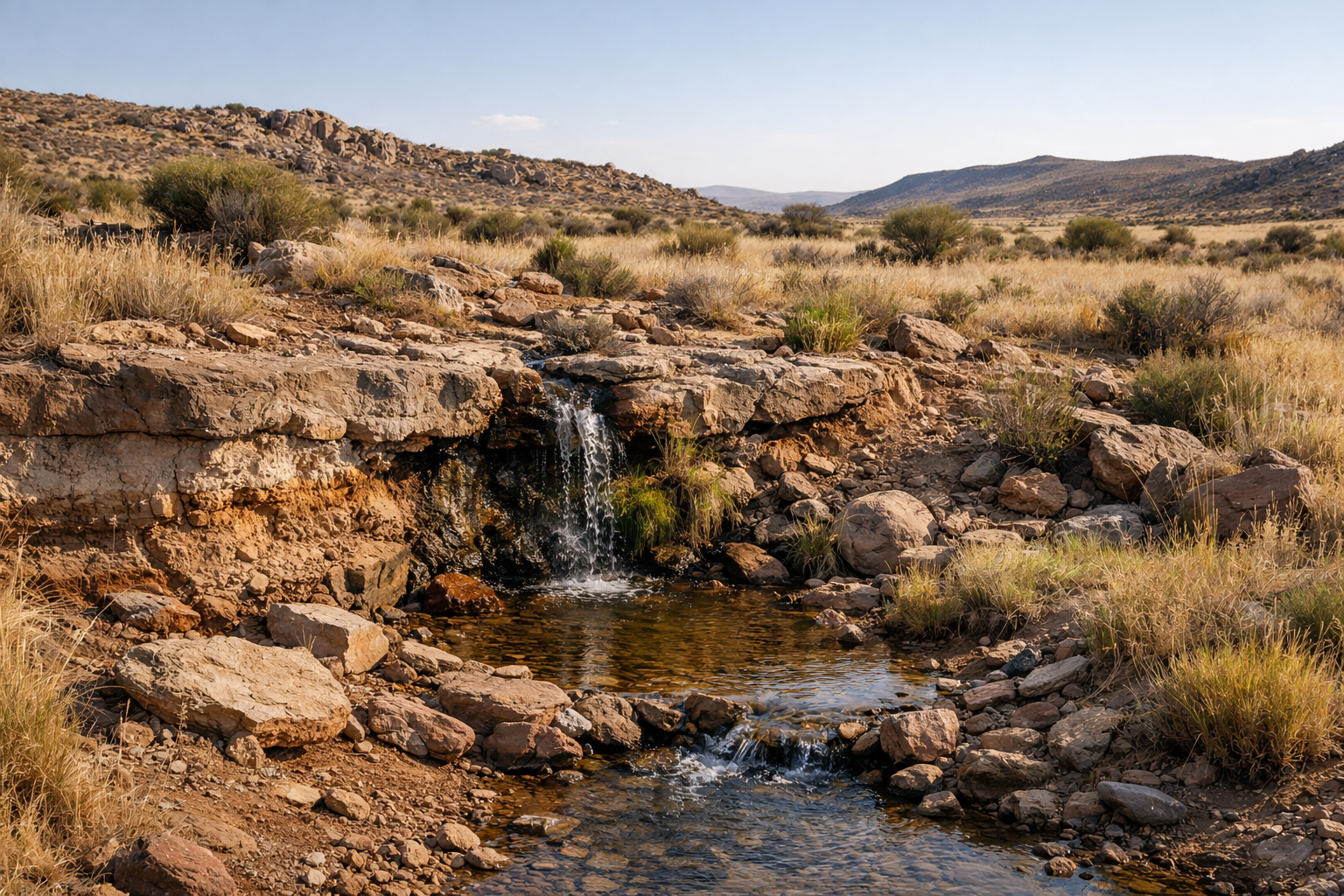 A spring flowing through a rocky Karoo landscape